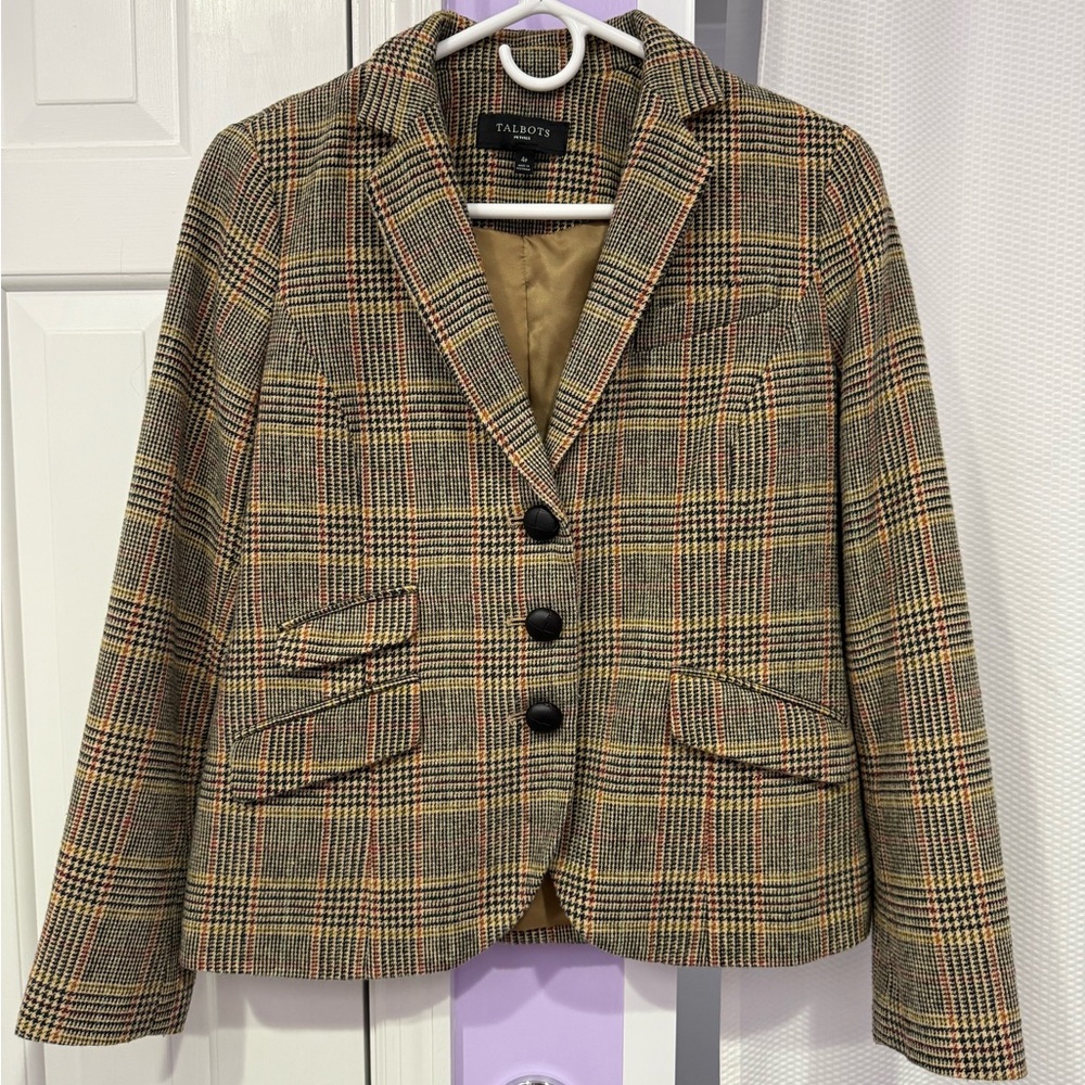 Talbots Women's Black and Brown Plaid Wool Blend Blazer